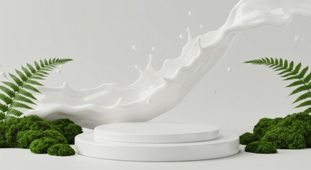A white platform is surrounded by green moss and ferns with a splash of white liquid in the background.