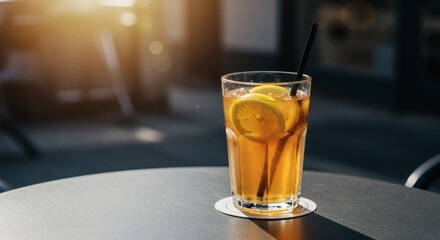 A refreshing glass of iced tea with lemon slices, outdoors.