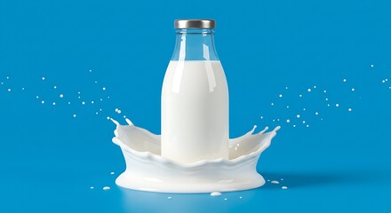 Glass milk bottle with Twisted Milk splash isolated on blue background