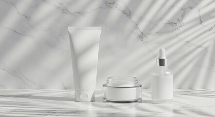 Three white cosmetic containers, a tube, jar, and dropper bottle, are displayed against a marble background with leaf shadows.