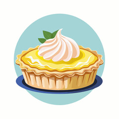 Lemon meringue pie with green leaves on a blue plate and background