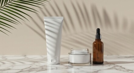 White tubes and jars of skincare products on a marble surface, with palm leaf shadows.