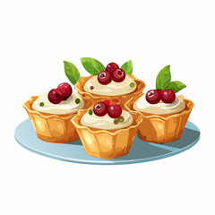 Tartlets with Creamy Filling and Cranberry Topping on a Glass Plate