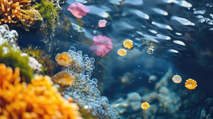 Ocean tide pools macro with colorful marine life water clarity and coastal tones ideal for science or beach content