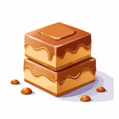 Stacked square cakes with caramel drizzle and scattered caramel candies