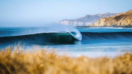 Ocean wave curling overhead with blue layers crest detail and energy focus perfect for beach life and surf visuals