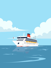 cruise ship on calm water, with a clear sky and clouds in the background