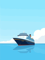 cruise ship on calm water, with a clear sky and clouds in the background