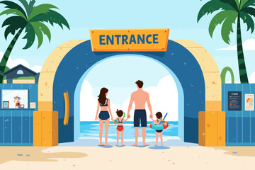 entrance to a water park, family of four standing next to a ticket booth and a big sign saying entrance, all in swimming costumes equipped with inflatables and kids in snorkel