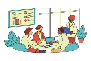 A diverse team of business professionals collaborating around a table during a project presentation with data charts.