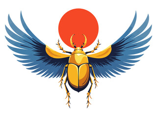Golden Egyptian scarab beetle with blue wings and red sun on white background, symbolizing rebirth and protection