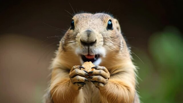 A close-up of a Prairie Dog munching on a nut, with detailed fur and inquisitive eyes. A moment of wild animal life in natural settings.