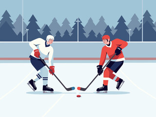 Obraz premium Sportsman from different team are playing hockey, competing on friendly match without spectators winter games competition