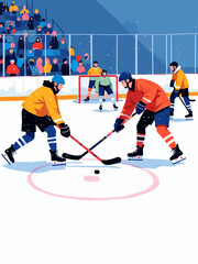 Obraz premium Sportsman from different team are playing hockey, competing on friendly match without spectators winter games competition