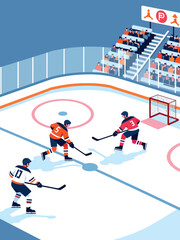 Sportsman from different team are playing hockey, competing on friendly match without spectators winter games competition