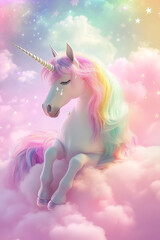 A serene unicorn resting on fluffy pastel clouds with a dreamy, colorful background