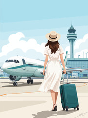 Woman in white dress with hat holding suitcase near airplane at airport runway