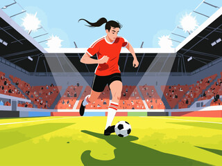 A soccer player jogging with a ball on the field in a stadium