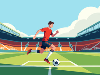 A soccer player jogging with a ball on the field in a stadium