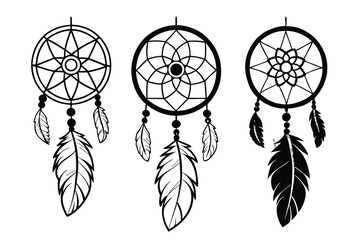 Elegant illustration of three intricately designed dream catchers featuring detailed feathers and decorative beadwork on a white background.