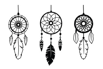 Three stylized black and white dreamcatcher illustrations with intricate circular designs and attached feathers hanging beautifully.