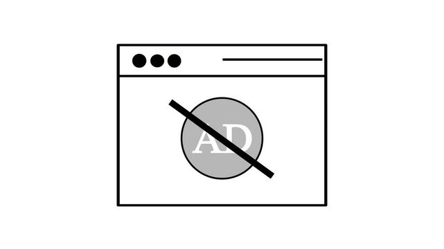 Ad blocker concept depicted within a web browser window on a clean white background. Clean design ad blocker concept with browser animation. Web browser interface with ad blocker symbol animated.