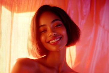 Short hairdo - straight hair. Attractive smiling mixed-race girl - for ads, flyer and social web marketing ad use. Commercial ad campaign concept art. African american short hair portrait.