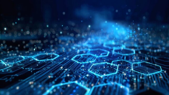 Immersive tech environment with luminous circuit strands and layered blue hexagons creating a futuristic sense of flow 