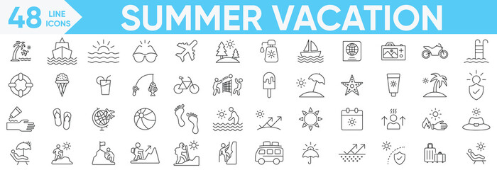 Summer Vacation icons set.Travel, Tourism, Beach, landscapes, holidays, sun, swimming, sunscreen, sunglasses, palm tree, ice cream and more.Vector and illustrator set.