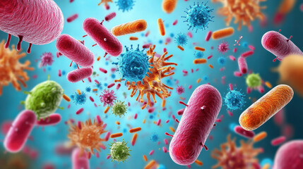 Fototapeta premium Bacteria, Pathogenic bacteria invading human tissue, illustrating infection mechanisms in medical contexts.