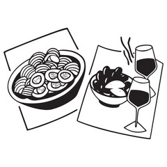 Hand drawn ink line food and wine or champagne drawings. 
Sketch style lunch or dinner Illustrations for wedding invitations, cafe or restaurant menus and parties.
