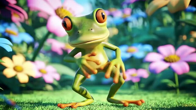 Adorable Dancing Frog in Vibrant Flower Garden 4K Animation