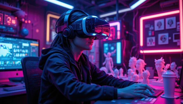"Virtual reality designer using VR headset to create 3D models in a digital workspace, vibrant neon lighting, tech innovation theme"