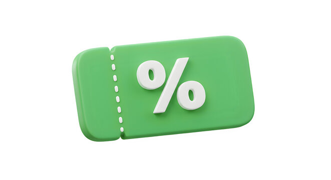 Green 3D Discount Voucher Icon - Instant Savings Coupon, Isolated on White or Transparent Background