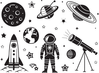 "Set of black and white space exploration icons featuring a rocket, astronaut, planets, telescope, and stars, perfect for educational or creative projects with a cosmic theme