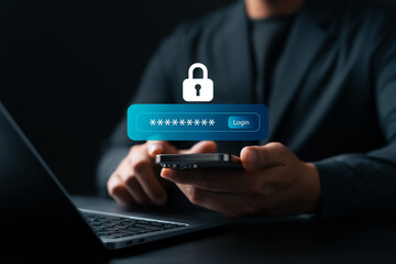Cyber security and login authentication concept with businessman using smartphone and password...