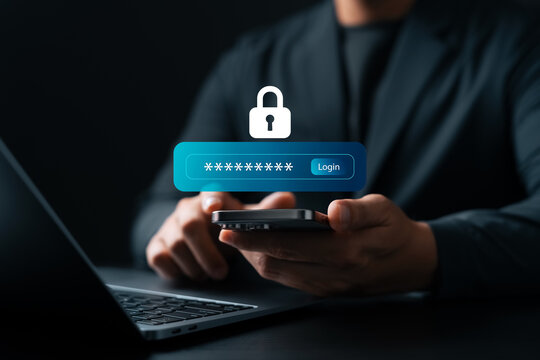 Cyber security and login authentication concept with businessman using smartphone and password interface, representing data protection, secure access, and online identity verification.