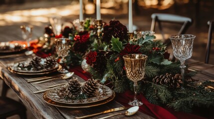 Rustic Christmas table setting with burgundy and gold accents, featuring a centerpiece of flowers, pine cones, and greenery.