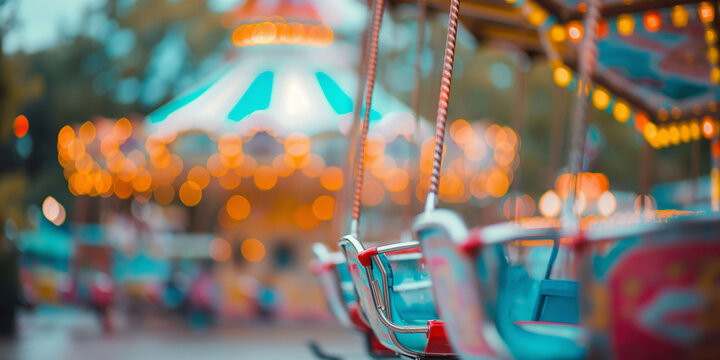 Primer plano de un parque de atracciones con luces bokeh borrosas y atracciones coloridas, incluido un carrusel antiguo y otros equipos de juegos.
