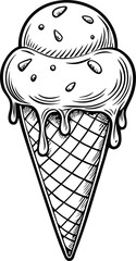 Monochrome Waffle Cone with Melting Ice Cream Drawing