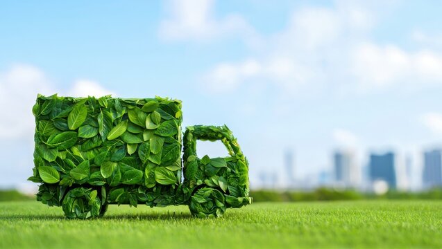 Eco Friendly Delivery Truck Shaped from Green Leaves on Lawn with Cityscape
