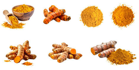 Fresh Turmeric Roots and Ground Turmeric Powder Isolated on Transparent Background