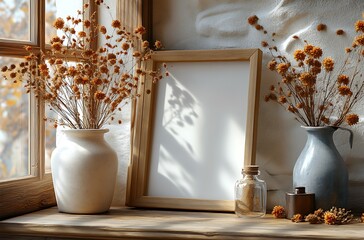 Cozy Windowsill Mockup with Blank Wooden Frame and Dried Flowers

