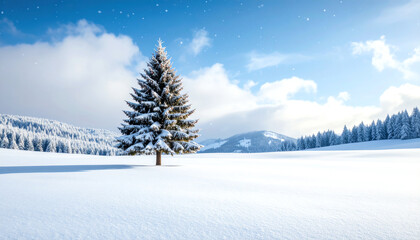Fototapeta premium A solitary snow-covered tree stands in a vast winter landscape, surrounded by snow-laden mountains under a bright blue sky