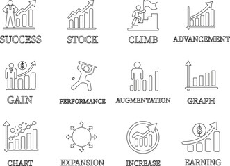 Growth line art icon set.Containing performance, gain, improvement, grow, chart, increase, evolution and development icon.Increase and Decrease Line Icon.Vector illustration.