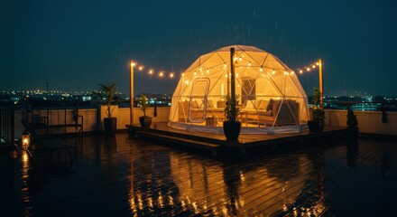 Rooftop Geodesic Glamping Dome at Night with String Lights in Rain, Cityscape Background