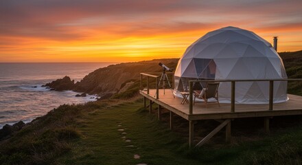 Obraz premium Coastal Glamping Dome with Telescope on Cliff Edge Deck Overlooking Ocean Sunset