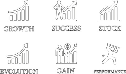 Growth line art icon set.Containing performance, gain, improvement, grow, chart, increase, evolution and development icon.Increase and Decrease Line Icon.Vector illustration.
