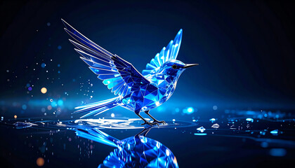 A stunningly crafted blue bird made of crystal-like facets, perched on water, reflecting light in a serene and artistic ambiance