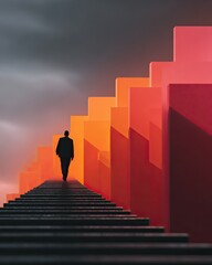 A solitary figure ascending vibrant steps.